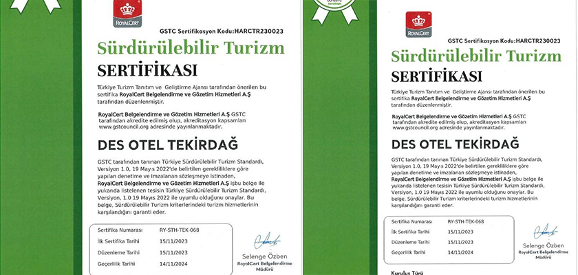 SÜLEYMANPAŞA’ nın “3 Kademeli Sürdürülebilir Turizm Sertifikası”nı  ALAN İLK VE TEK OTELİ
