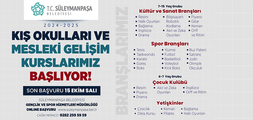 Süleymanpaşa Belediyesi Kış Okulları ve Mesleki Gelişim Kursları Başlıyor