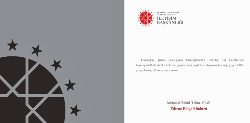 Tekirdağ Söz’e Cumhurbaşkanlığı İletişim Başkanlığı’ndan Anlamlı Tebrik